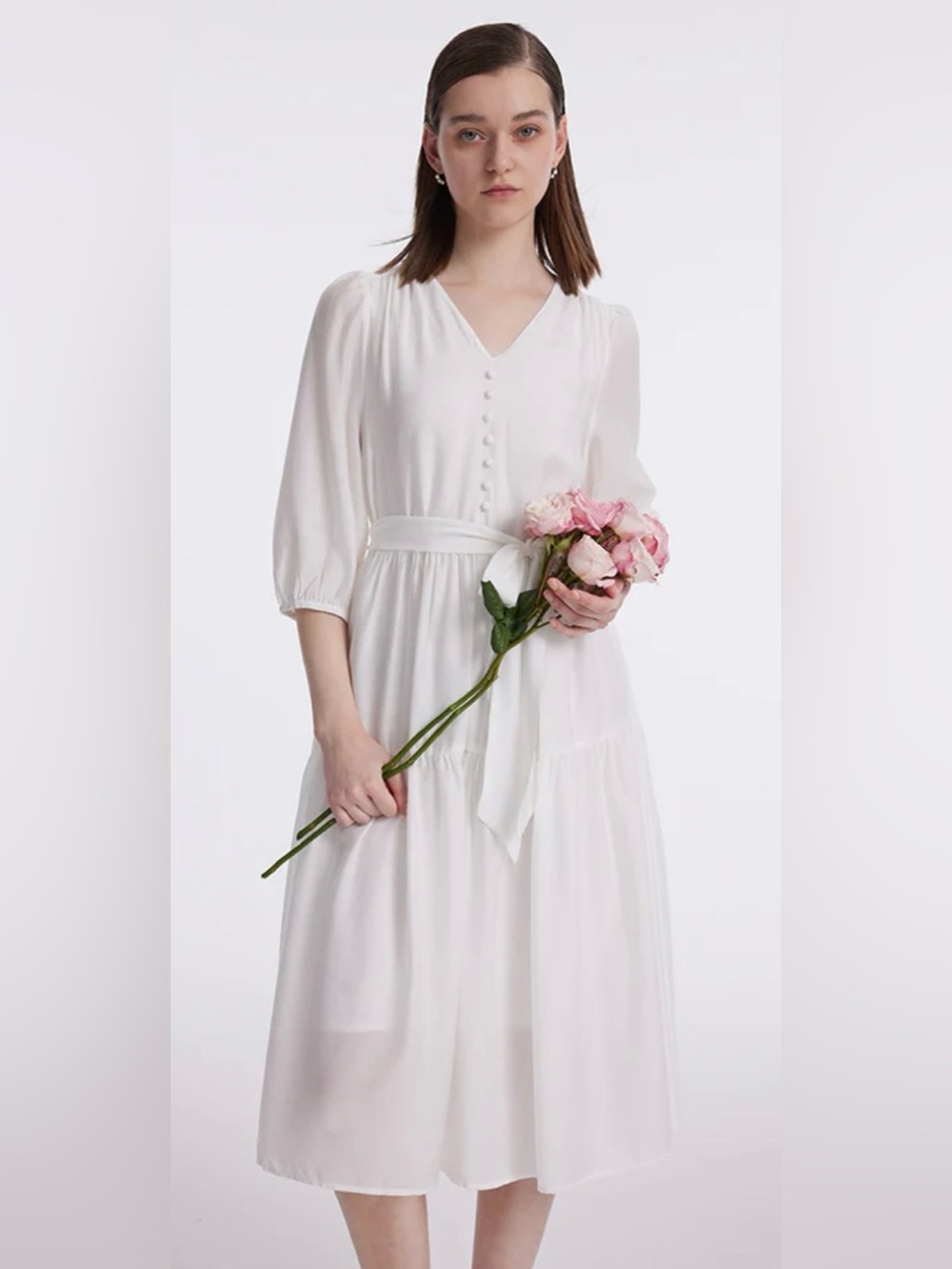 White V-Neck Gathered Waist Midi Dress